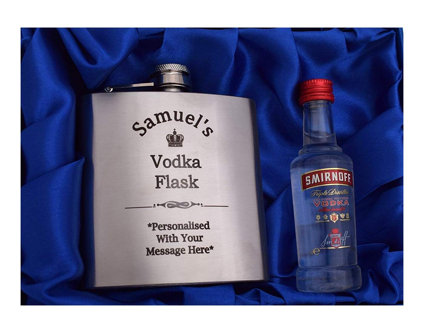 Engraved/Personalised *Vodka Design* Hip Flask & Miniature Bottle of Smirnoff Set in Silk/Satin Lined Gift Box