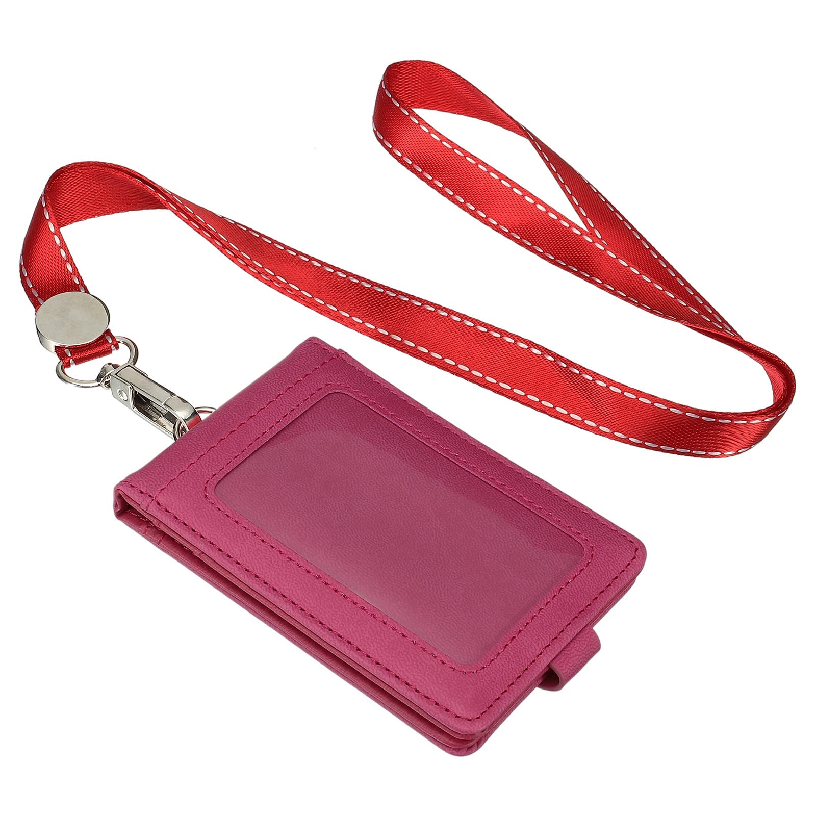 PATIKIL PU Leather ID Badge Holder with Detachable Neck Lanyard Set, Folded Credit Holder with 1 Clear Window 4 Card Slot for Offices, Rose Red