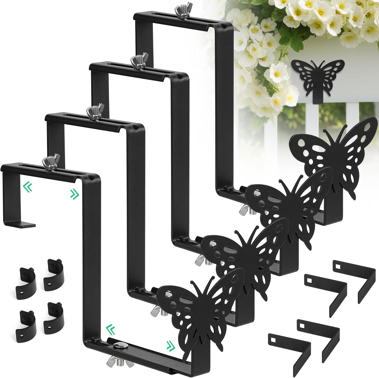 Outdoor Hanging Brackets - Planter Box Bracket, Flexible Adjusted Size Flower Container Bracket with Butterfly Shape, Hanging Heavy Duty Bracket, Flower Box Stand Bracket for Porch Railing, Balcony, Garden Fence (4 Pack -Black)