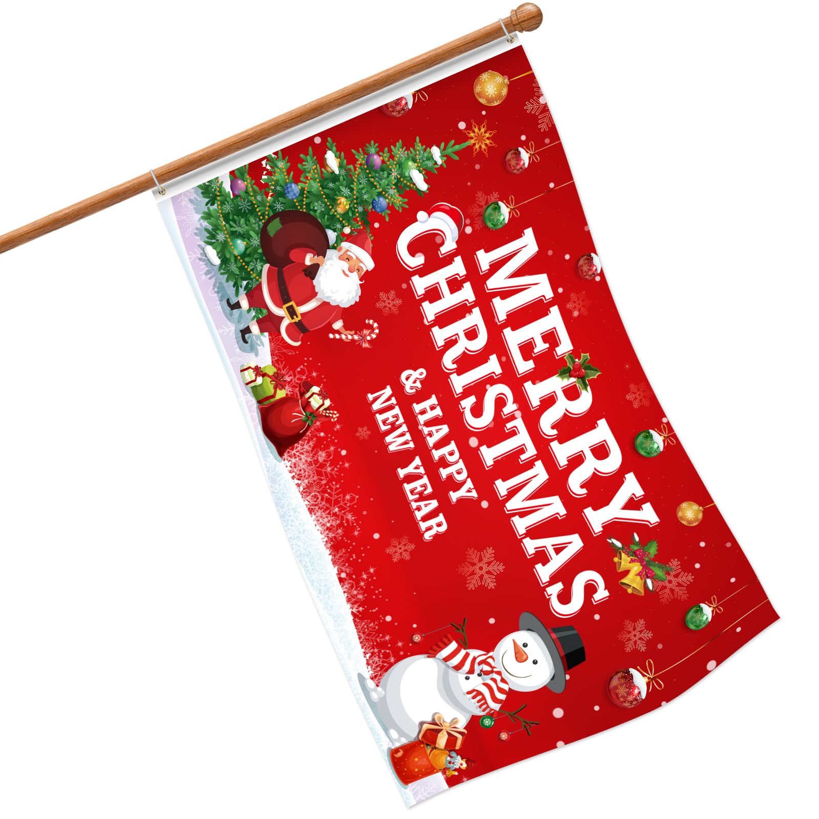 Double Sided Merry Christmas & Happy New Year Flag - 3 x 5 ft Large Fabric Xmas Tree Santa Snowman Banner for Winter Holiday Indoor/Outdoor Decoration