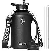 Coolflask Half Gallon Water Bottle with Handle, 64 oz Insulated Stainless Steel Water Jug Metal Double-Walled Vacuum Large Flask With Strap Straw Leakproof, Keep Cold 48 Hrs Hot 24hrs, Magic Black