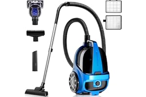 Canister Vacuums 45Kpa 1600W Canister Vacuum Cleaners for Home Double HEPA Filter 4.5Qt Bagless Vacuum Cleaner Lightweight Canister Vacuum Cleaner for Hard Floors Carpet Pet Upholstery Tiles Car Blue