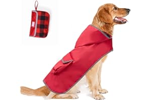 Brabtod Dog Raincoat Waterproof Hooded Dog Rain Jackets Lightweight Packable Rainponch Outdoor Reflective Raincoat for Small Medium Dog Puppies,with Portable Pouch-Red-L