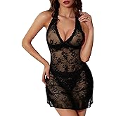 Kolagri Womens Sexy Lace Lingerie Deep V Neck Babydoll Chemise Halter Backless Mesh Sheer Sleepwear Dress Nightgown