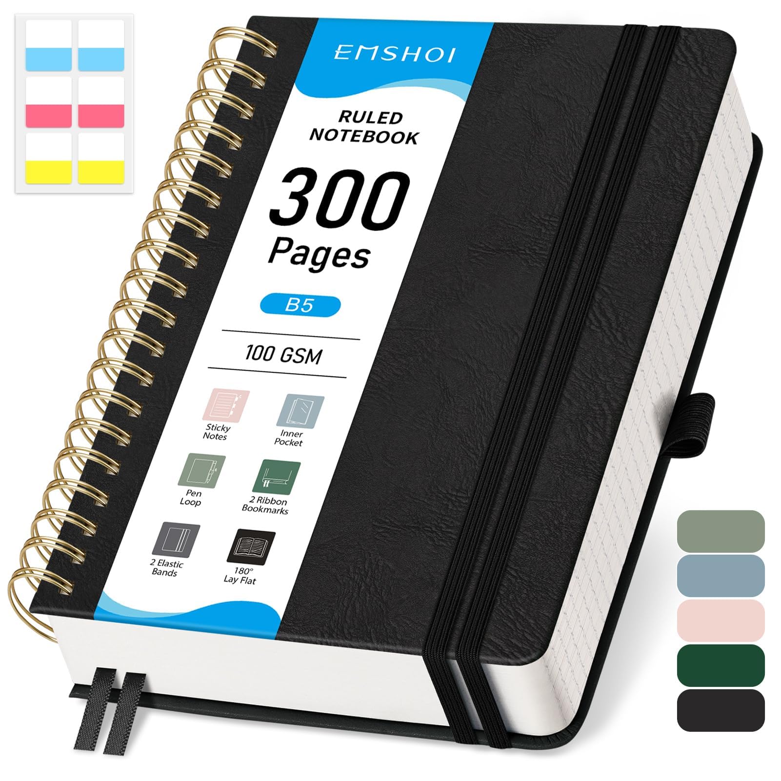 EMSHOI B5 Notebook College Ruled, Spiral Notepad 150 Sheets/300 Pages, 100gsm, HardCover, Sticky Notes, Pocket, Pen Loop, Ruler, Bookmark, Lined Journal for Women Men Writing, 19 x 25.8cm, Black
