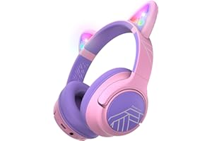 PowerLocus Cat Ear Headphones for Kids, Bobo Kids Headphones Wireless with 74/85/94dB Volume Limited, LED Lights, 45H Playtim