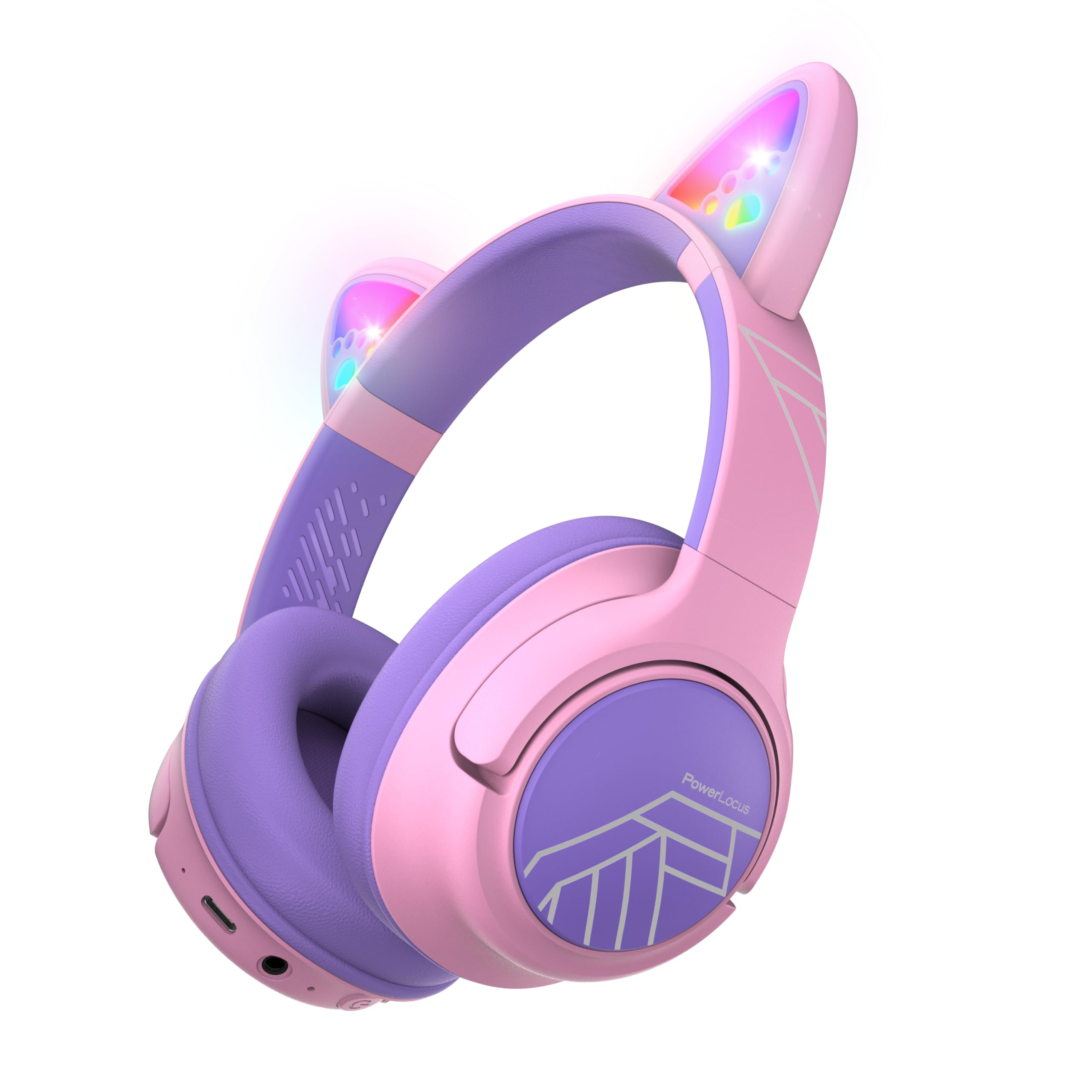 PowerLocus Kids Wireless Headphones, Cat Ear LED Lights, 74/85/94dB Volume Limited, Kids Bluetooth Headphones Over Ear, 45H Playtime, HD Stereo, Fun Stickers, Built-in Mic for iPad/Travel/PC/Tablet