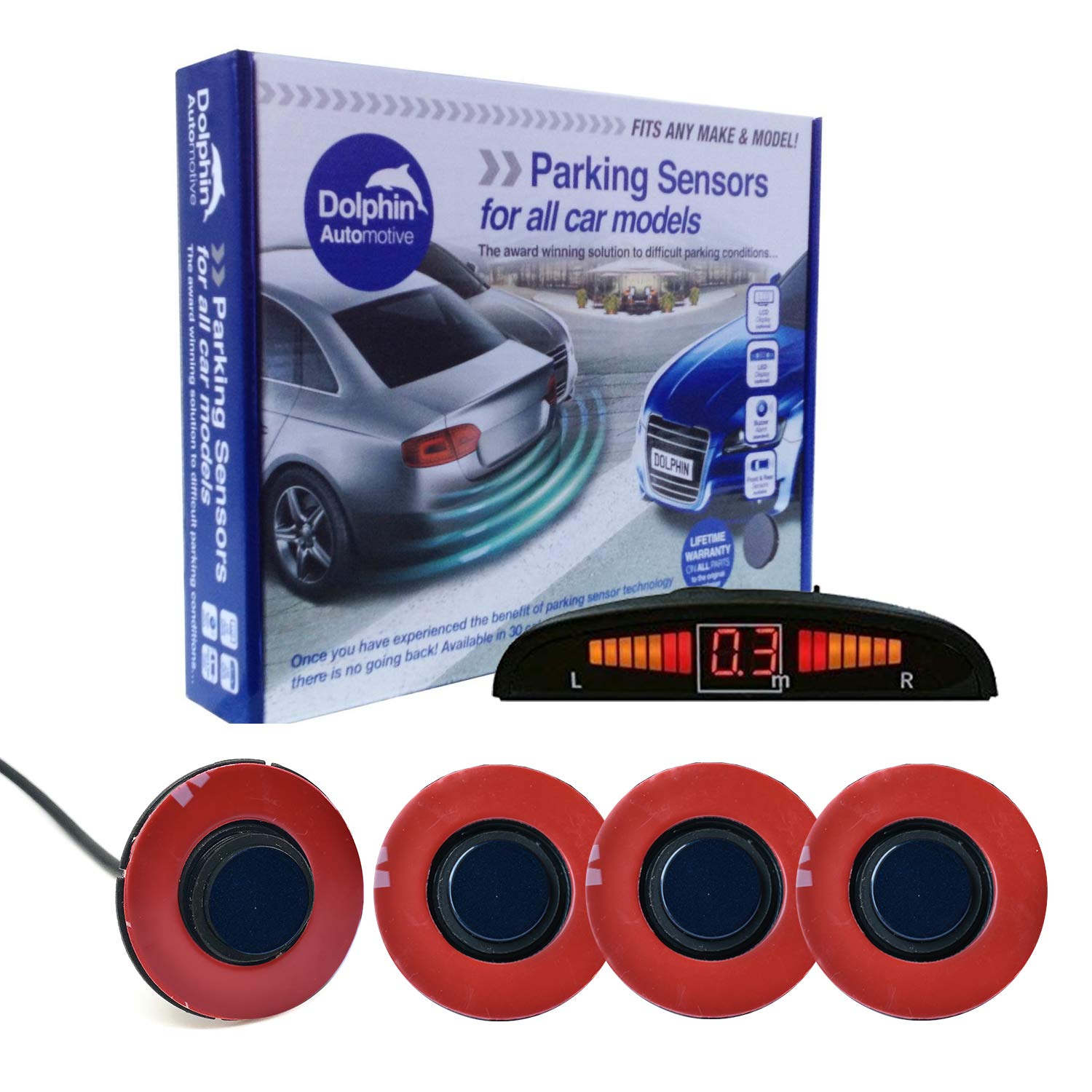 Dolphin Automotive DFM450 Reverse Parking Sensors Flush Mount OEM Style 4 Ultrasonic Radar Sensor Kit Dash Display and Audio Alert System - Sea Blue
