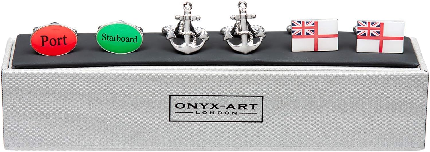 Set of 3 works of Mens Royal Navy Nautical Themed Cufflinks Including a Pair of Port and Starboard Cufflinks White Ensign Flag Cufflinks and Ships Anchor Cufflinks Presented in a Cufflink Gift Box - Image 3