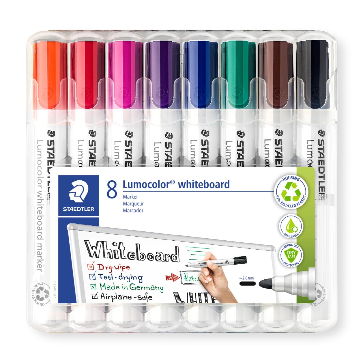 STAEDTLER 351 WP8 Lumocolor Whiteboard Marker Bullet Tip - Assorted Colours (Pack of 8)