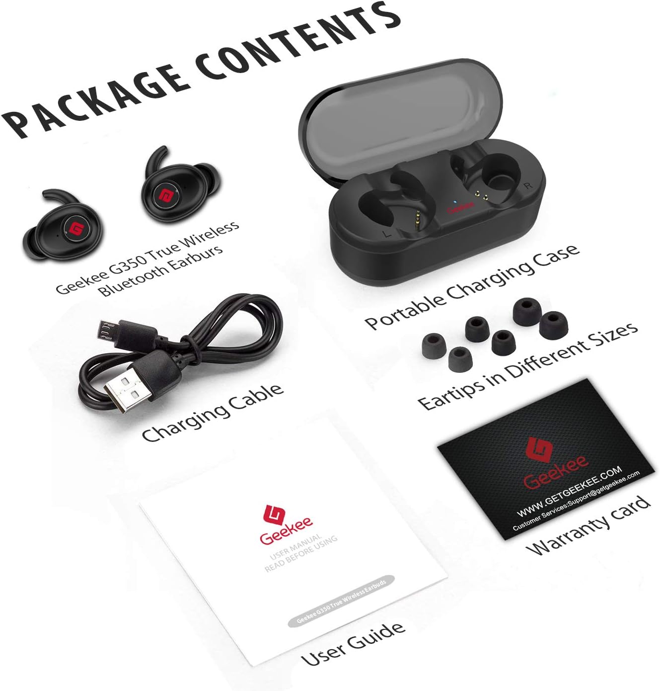 True Wireless Earbuds Bluetooth 5.0 Headphones, Sports in-Ear TWS Stereo Mini Headset w/Mic Extra Bass IPX5 Waterproof Low Latency Instant Pairing 15H Battery Charging Case Noise Cancelling Earphones