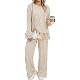 Simlakey Women 2 Piece Sweater Set Ribbed Knit Lounge Set Long Sleeve Tassel Sweater Wide Leg Travel Loungewear with Pockets