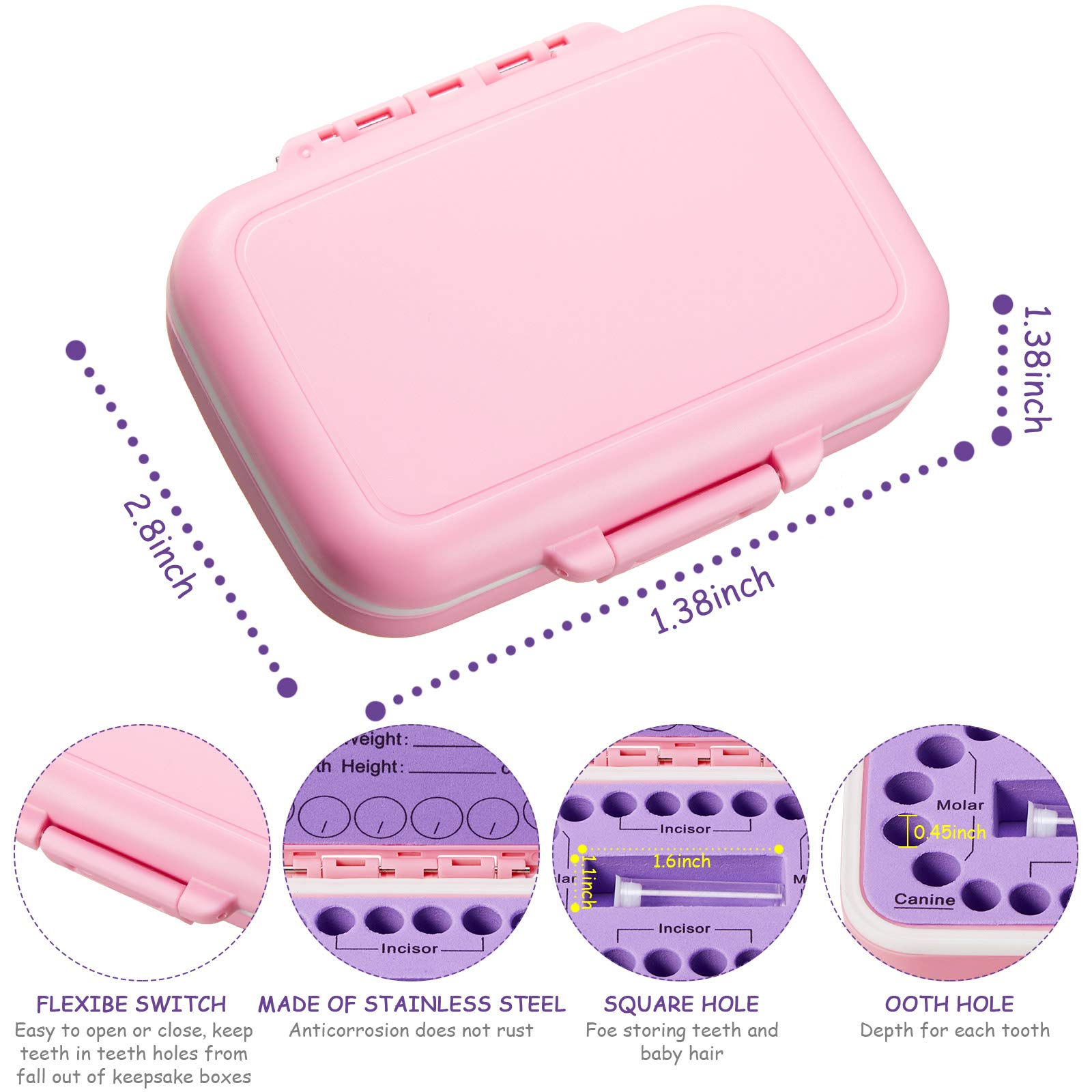 Baby Tooth Box Keepsake Box for Kids Teeth Storage Holder Baby Teeth Organizer Tooth Fairy Box with Baby Fetal Hair Container and Tweezer for Keeping The Child Memory (Purple-pink)