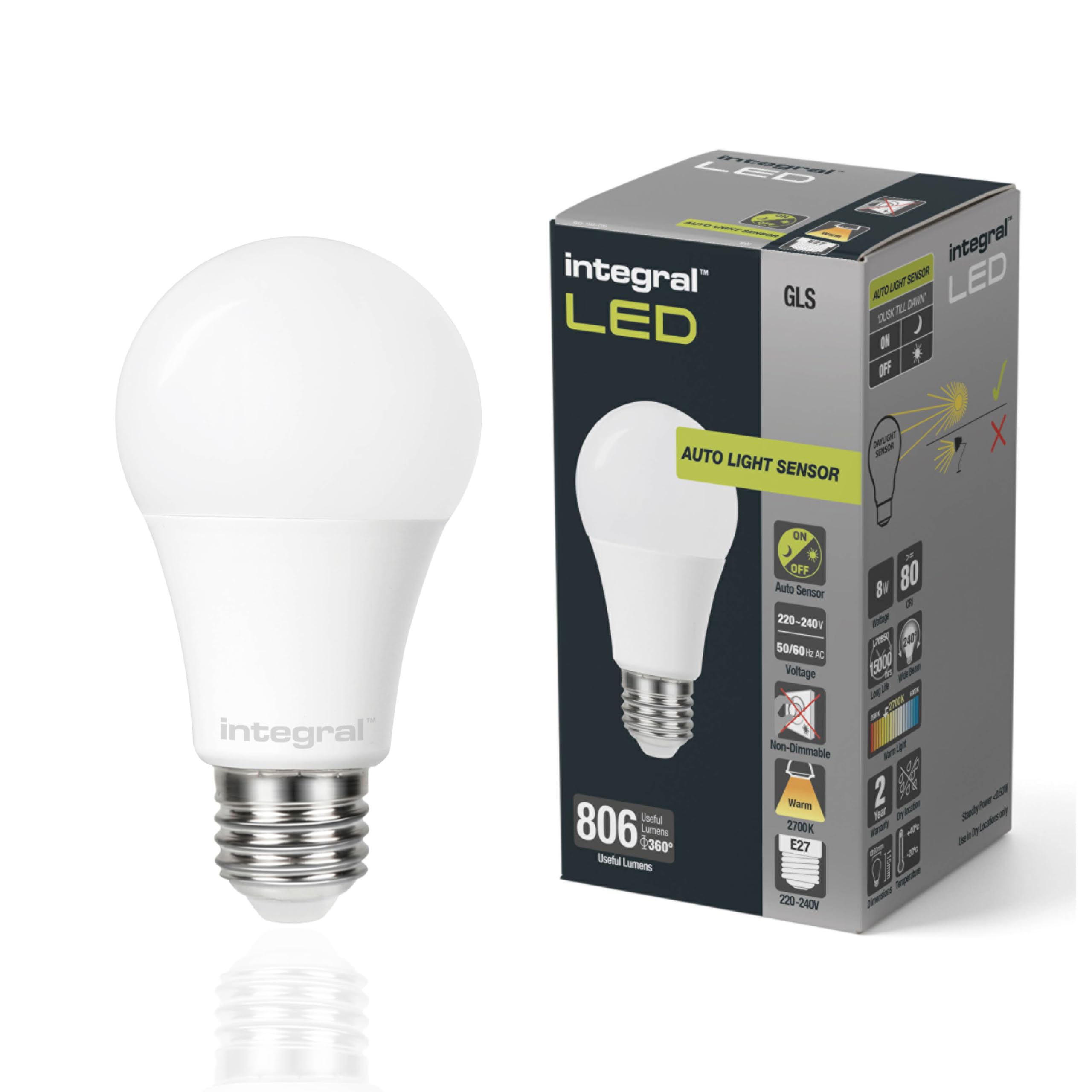 Integral LED Low Energy Dusk Till Dawn Sensor Light Bulb ES E27 Screw Cap =60w Warm White 2700K,8 Watts — image 1