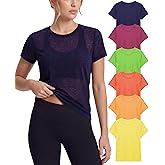 Sexy Basics Women's Crew Short Sleeve Tops | Semi Sheer Slub Burnout Fabric Workout T Shirts | Multi Packs & Colors