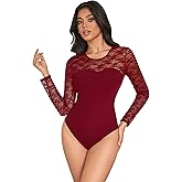 ohyeahlady Women's Bodysuit Tops Long Sleeve Lace Bodysuit for Going Out Sexy Party Crew Neck Leotard Top S-2XL