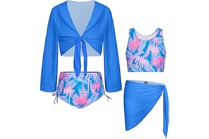 GRACE KARIN Girls Bathing Suit Adjustable Taniki Swimsuit Tie Front 4 Piece Bikini Set with Kimono Cover Up 6-14