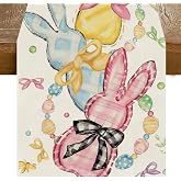 RABUSOFA Bow Bunny Rabbits Eggs Easter Table Runner, Seasonal Spring Kitchen Dining Table Easter Decorations for Home Party Decor 13x72 Inch