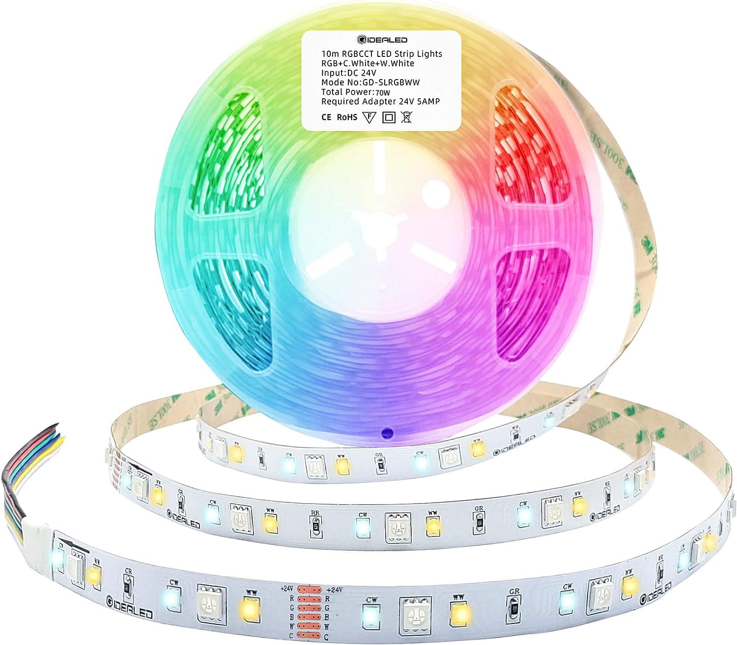 GIDEALED 32.8ft/Roll 24V RGBWW LED Lights Strip,Dimmable RGB Cool White Warm White(2700K-6000K)SMD5050 6 Wire Full Color Ambiance Daylight RGBCCT StripLight Plus,Only Non Waterproof 10m LED Tape Light