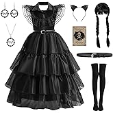 Halloween Costume Girls Addams Costume Cosplay Dress Kid Teen Black Outfit With Wig Necklace Earrings Socks Party Dress