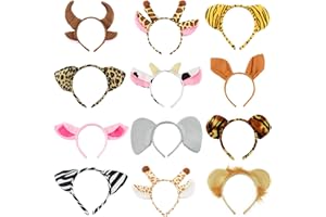 JMKCOZ 12 Pcs Zoo Animals Ears Headband Jungle Safari Animals Hairbands Plush Cartoon Headbands Elephant Lion Giraffe Tiger Zebra Leopard Cow Pig Ears Cosplay Hair Hoop for Birthday Halloween Costume Party