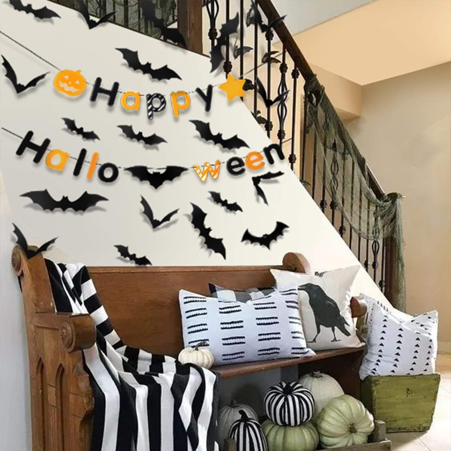 PTG Halloween Indoor Party Supplies,Happy Halloween Banner（1Pcs）& 3D Decoration Scary Bats Wall Decal Wall Sticker(60Pcs): Kitchen & Dining