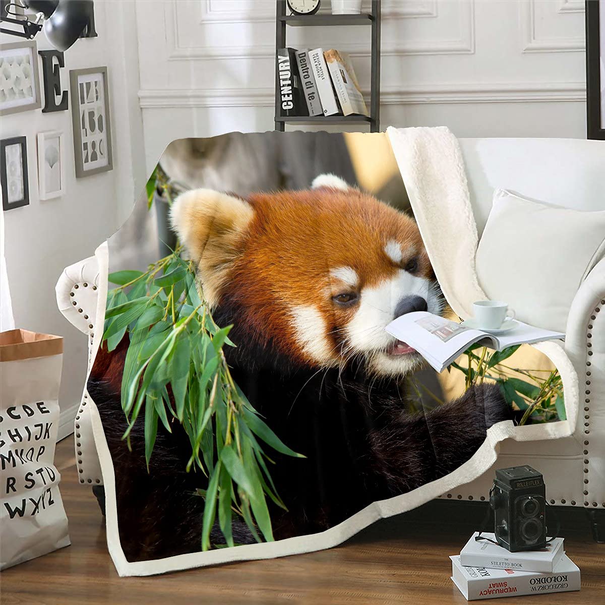 Red Panda Fleece Throw Blanket Cute Animal Plush Blanket For Kids Boys Girls Teens Red Panda Leaves Sherpa Breathable Nature For Sofa Bed,Single 50x60 Inch