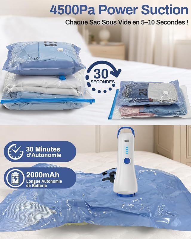 Sac sous Vide Vetement Aspirateur avec Pompe Électrique, 8 Sac de Rangement sous Vide (4 * 100x80cm, 4 * 74x54cm), Sac sous Vide Voyage, Déménagement, Rangement