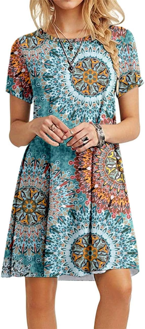 MOLERANI Women's Casual Plain Simple T-Shirt Loose Dress (S, AP Print Green2)