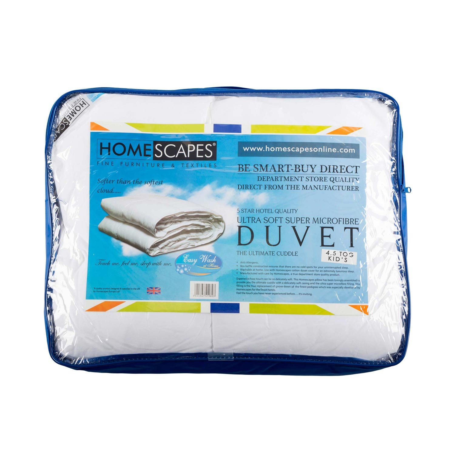 HOMESCAPES - Kids - Duvet - 4.5 Tog - Super Microfibre Filling - 120 x 150 cm - Extremely Soft 5 Star Hotel Quality - Anti Dust mite Anti Allergen Filling - Toddler Quilt - Washable at Home
