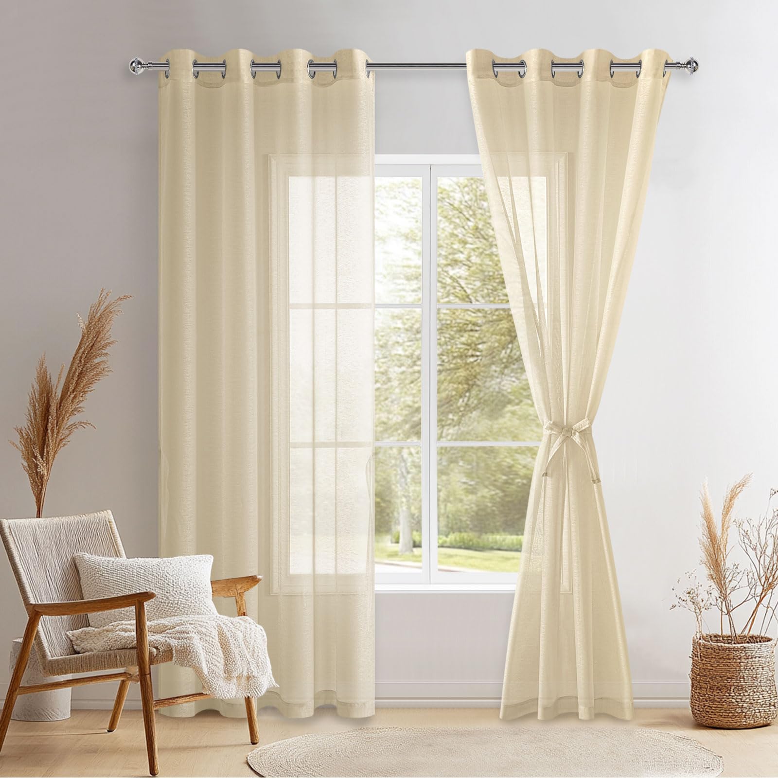 DWCN Beige Sheer Curtains with Tiebacks Semi Transparent Voile Grommet Curtains Elegant Window Curtains for Bedroom and Living Room,2 Panels,W56 x L90