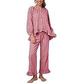 Flygo Womens Plaid Pajamas Sets 2 Piece Cotton Pj Set Puff Sleeve Ruffle Babydoll Shirt Gingham Pants Lounge Sets