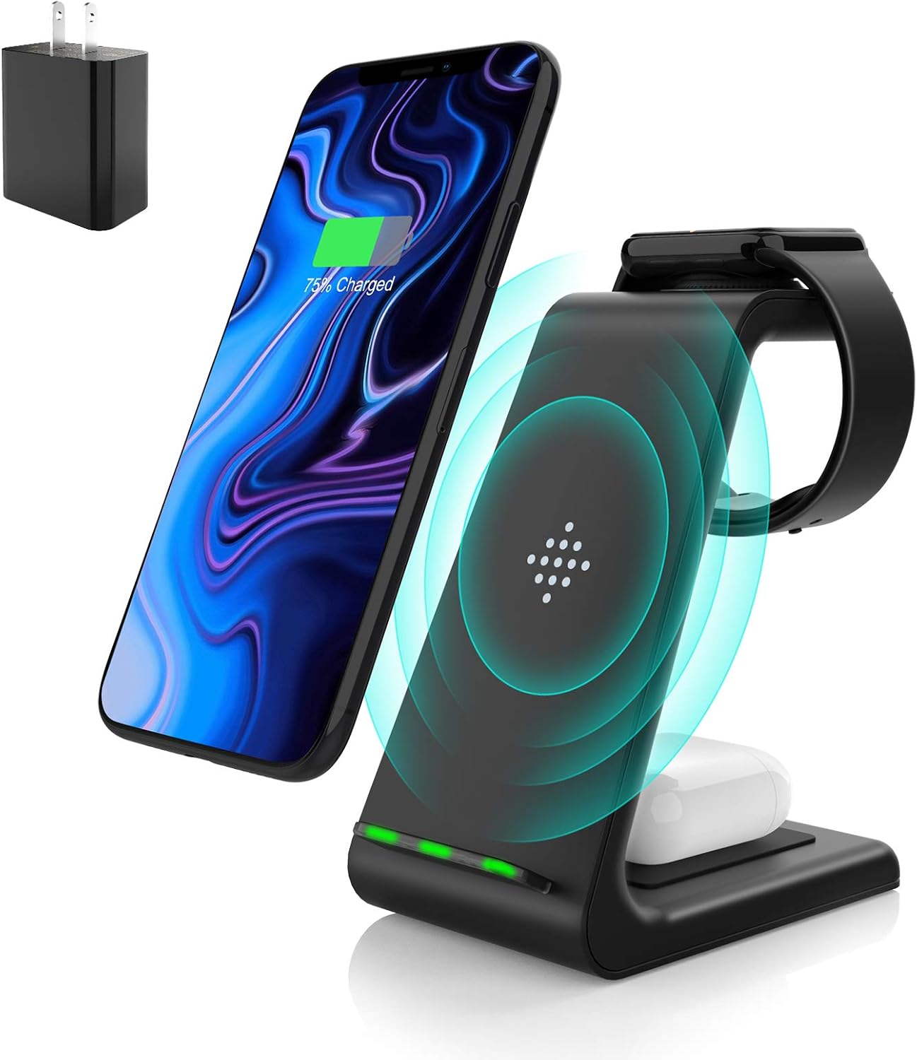 Wireless Charging Stand, Muleug 3 in 1 Wireless Charger Charging Station Dock for Apple Watch SE 6 5 4 3 2, Airpods Pro, iPhone 12/11/11 Pro/X/Xr/Xs/8 Plus, Qi-Certified Phones (with QC3.0 Adapter): Electronics