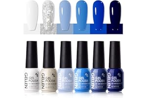 Gellen Gel Nail Polish Set, 6 Colors Blue Gel Polish White Glitter Nail Polish Set, Soak Off UV Gel Summer Gel Polish Set Manicure DIY Home Salon Nail Art