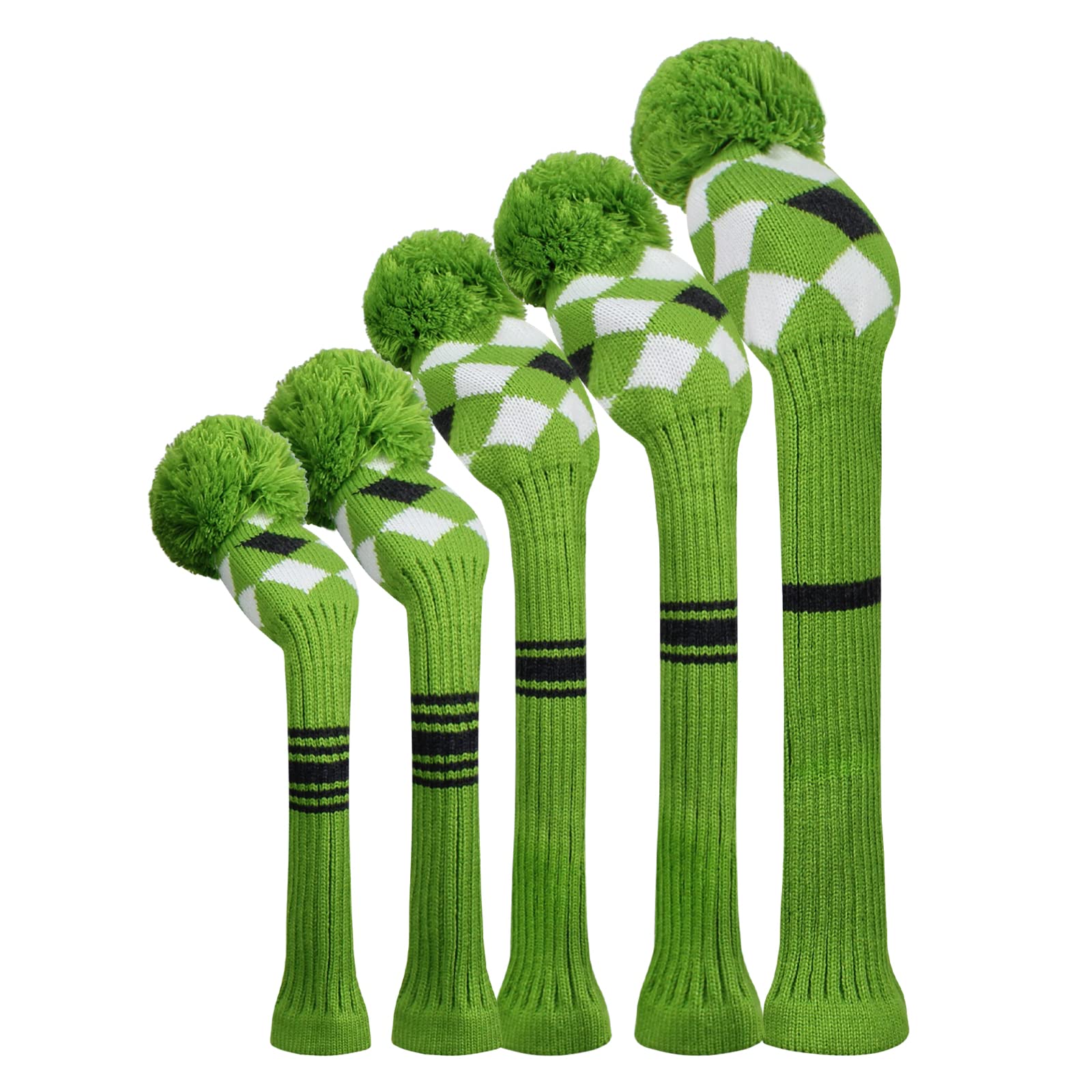 Golf Head Covers for Woods 5 PCS Knit Golf Club Cover Driver Cover*1 Fairway Wood*2 Hybrid (UT)*2 with 5 Rotating Number Tags (Green Grey White Argyle)