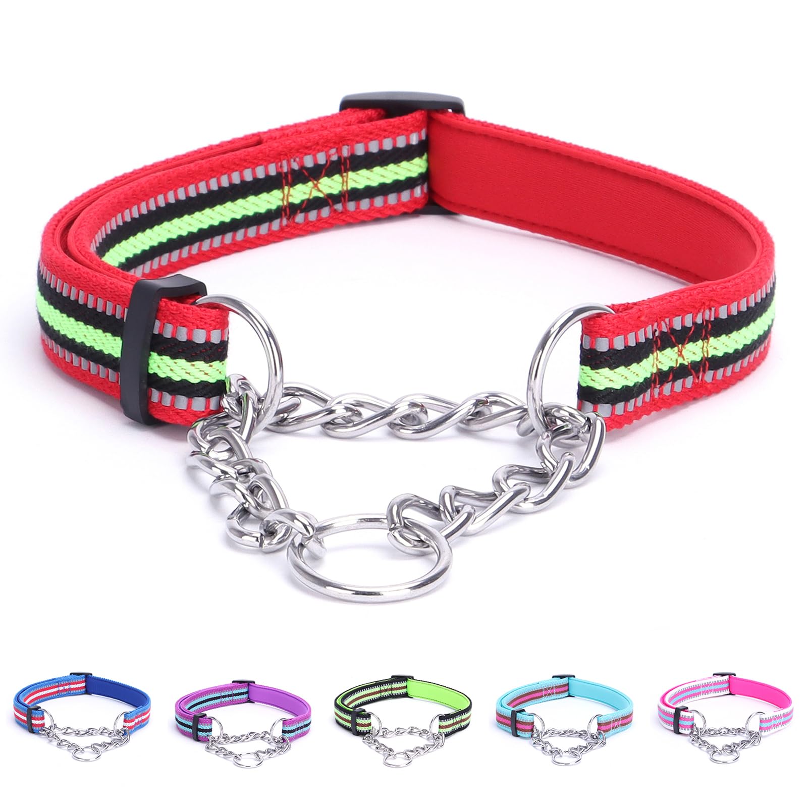 LOS ANDES Dog Choke Collar Martingale with Limited Chain, Soft Padded No Pull, Reflective Training Collars for Large, Medium and Small Dogs(S:Neck 25-45cm,Red Green) — image 1