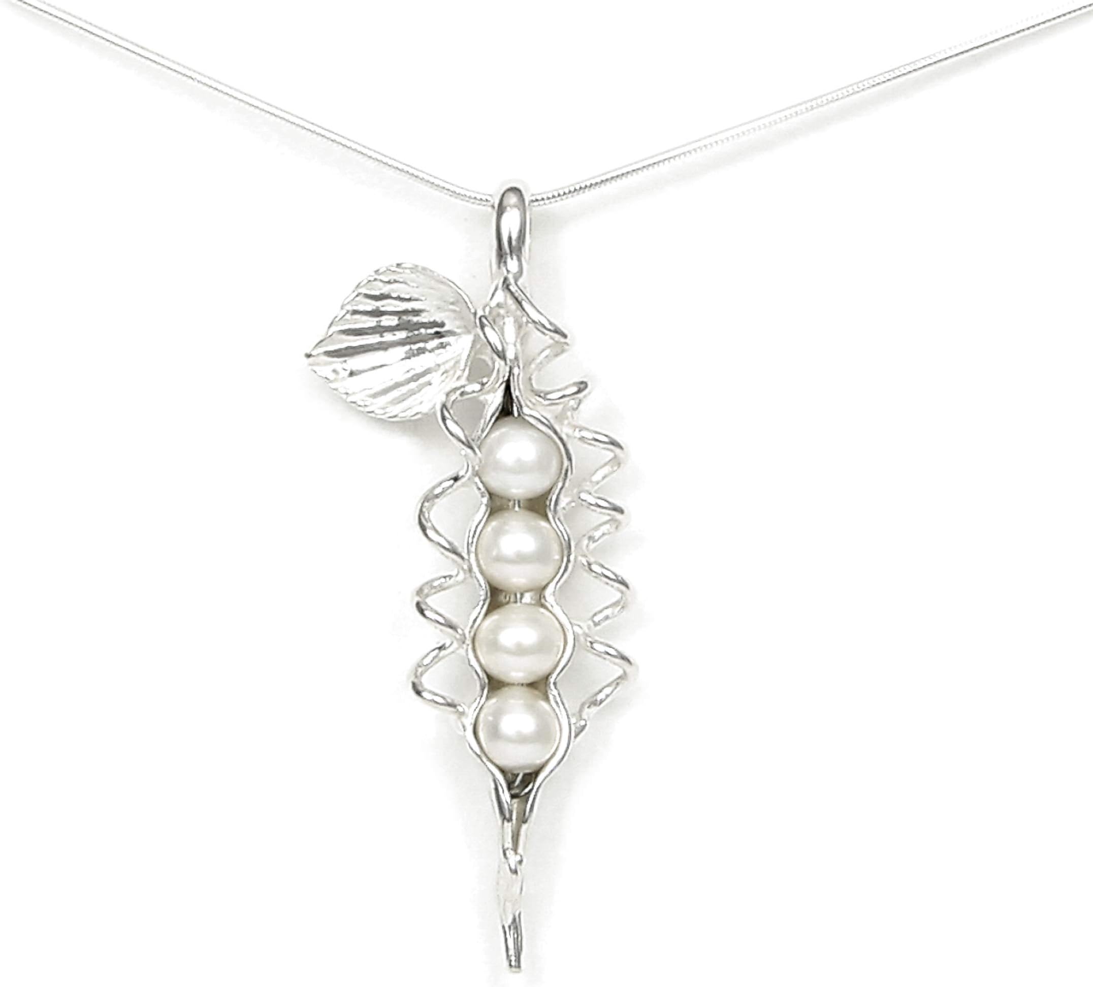Pea Pod Necklace - 4 Peas White Freshwater Pearls and Sterling Silver - Gift Boxed with Story Card - Each Unique Handmade in USA (18 Inch Chain Length)