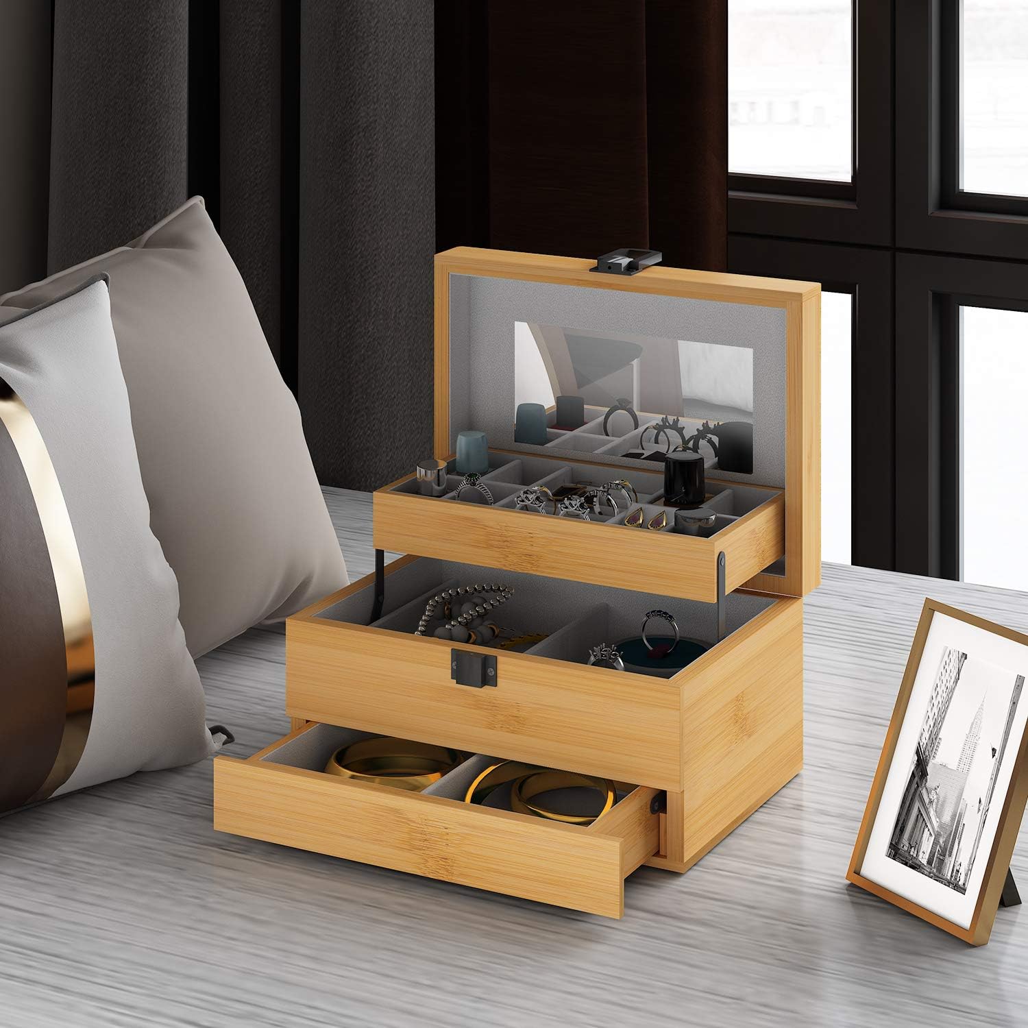 Bamboo Jewelry Box Organizer for women Watch Storage 3 Layers Jewelry Organizer Storage Display Case Gift for Mom Girlfriend: Home Improvement