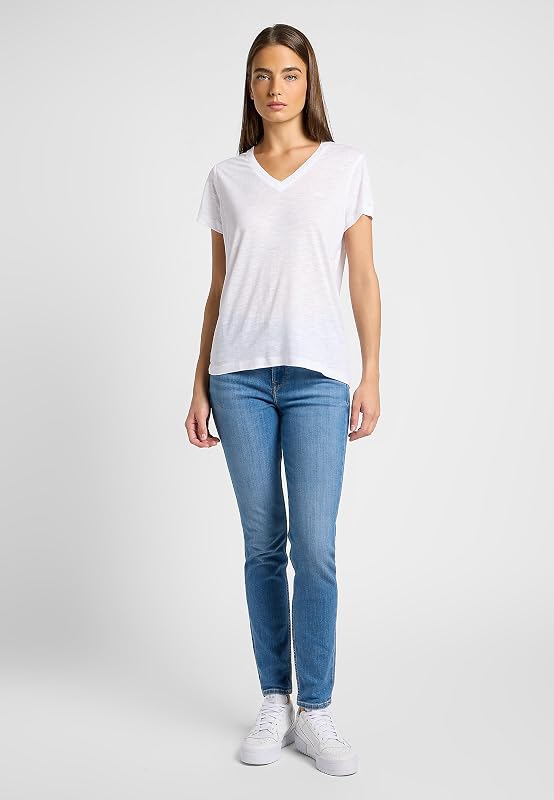 - Tee Shirt Femme - Coupe Regular - V Neck Tee - Blanc Éclatant
