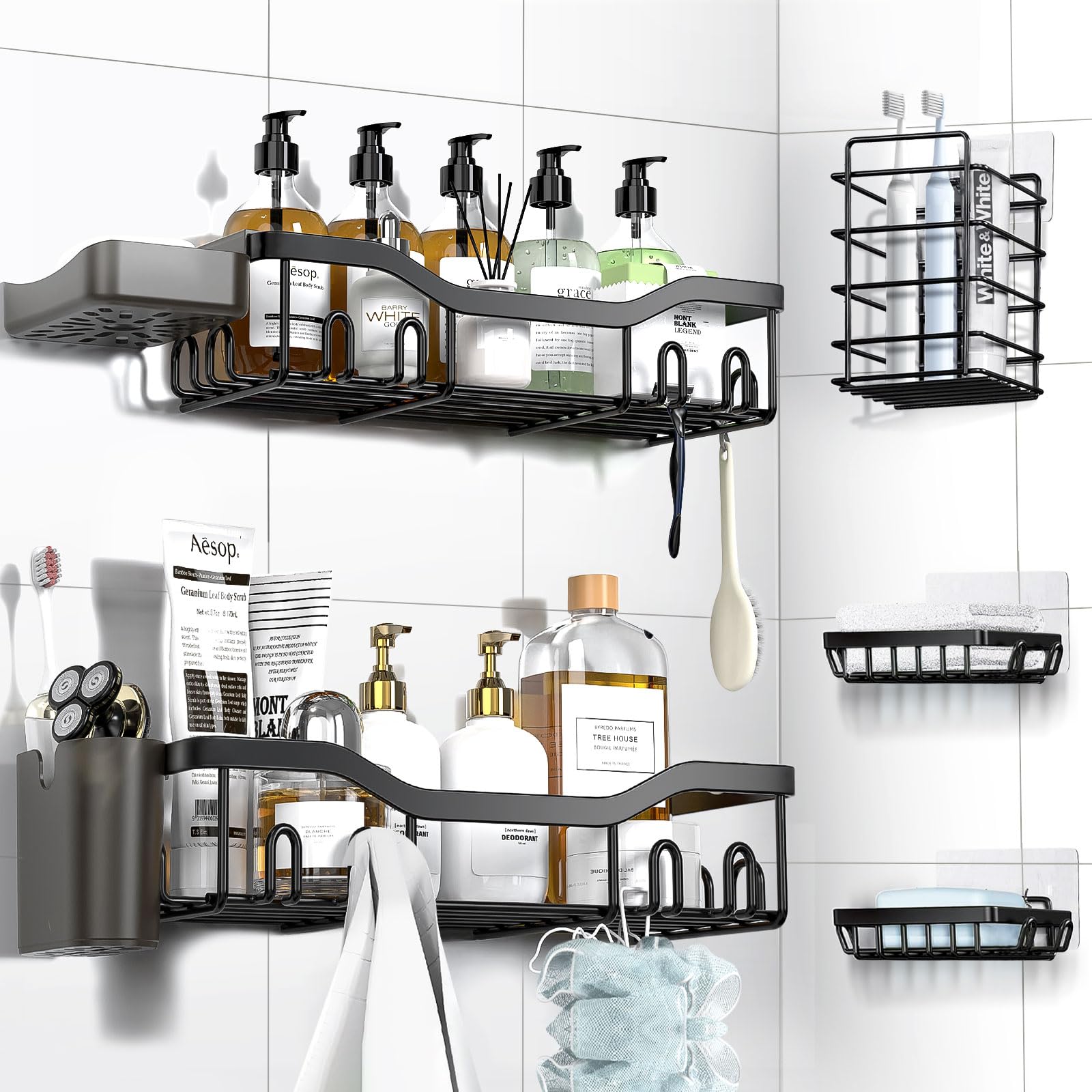 Photo 1 of NESOMI Shower Caddy Adhesive Shower Organizer 7-Pack, Rustproof Stainless Steel Bathroom Shelves, Large Capacity No-Drill Rack Storage Accessories with Soap Dish Toothbrush Holder &24 Hooks Home Decor