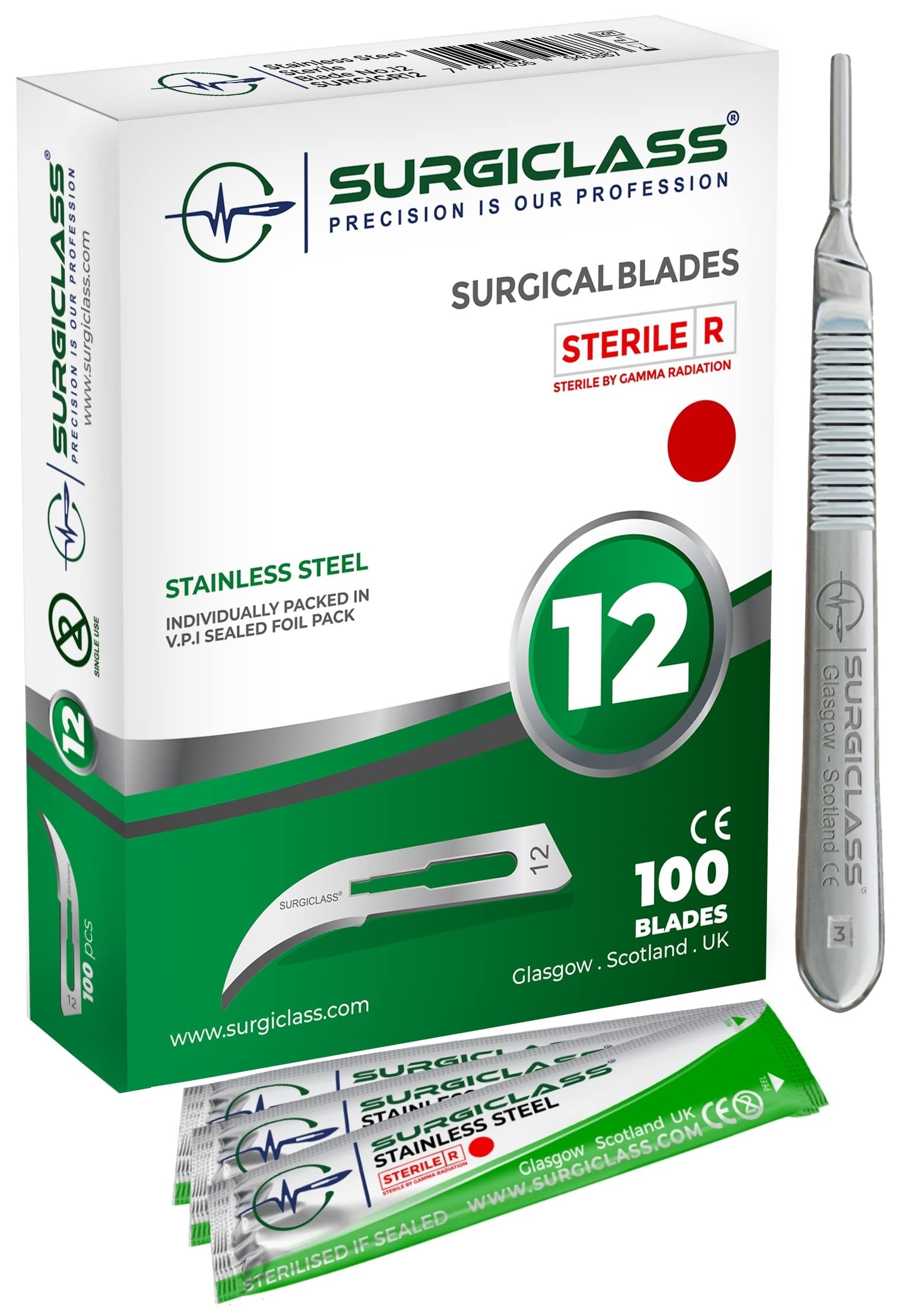 # 12 Stainless Steel Sterile Box of 100 and Handle No 3 Perfect for Wood Art, Surgical, Sculpting, Repairs, Lab Anatomy, Sign, Card Making Lab Training SURGIGR12-100