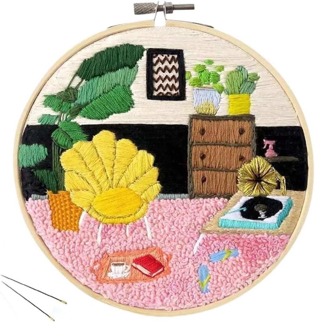 Searchyou - DIY Rug Hooking Kit, Handcraft Woolen Embroidery Punch Needle Starter Kit with 15 x 15cm Embroidery Frame Punch Needle - Leisure Time