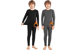 Silkfly 2 Sets Boys Thermal Underwear Fleece Lined Compression Shirt Leggings Pants Kids Base Layer