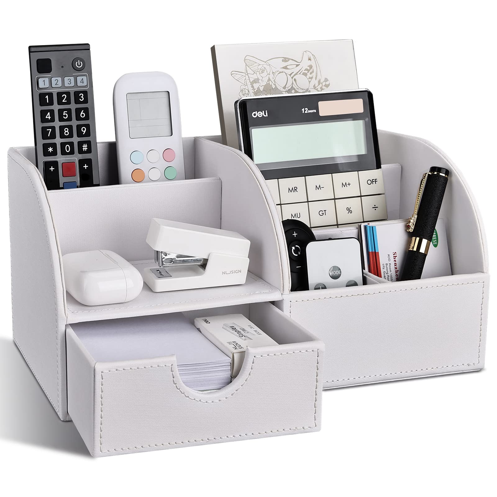 Richblue PU Leather Desk Organiser, Pen Holders Desk Tidy Organiser Set, office Pen Pot for Desk (L-White)