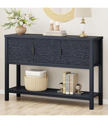 Mid-Century Modern Entryway Console Table With 3 Drawers & Open Shelves - Farmhouse Wood Hallway Table For Living Room, Bedroom (Navy Blue)
