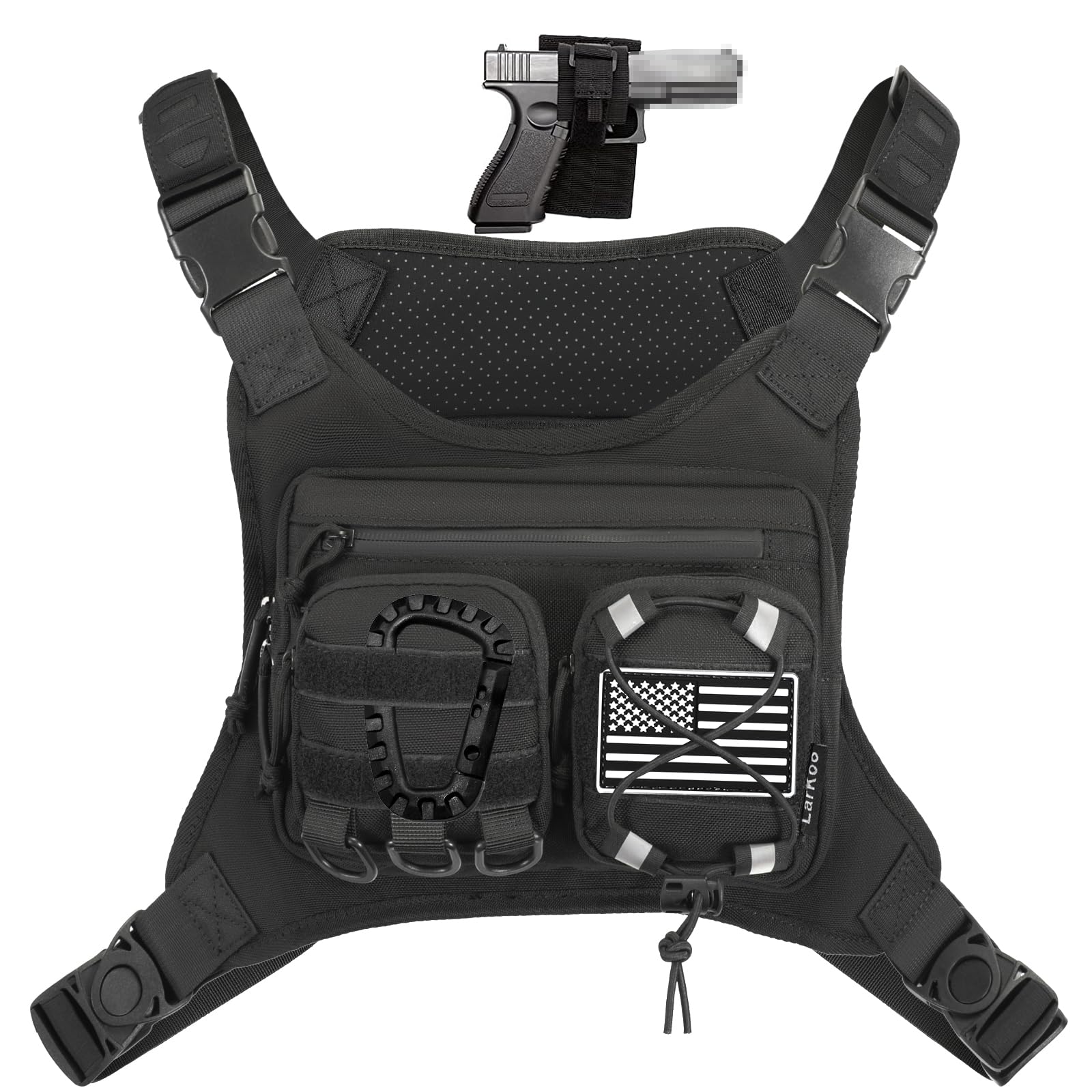 Photo 1 of LarKoo Sports Chest Bag & Vest Holster for Men & Women - EDC Pouch Bag Fits Most Pistols, Adjustable IFAK Travel Chest Pack for Running, Hiking, Workouts... (Black)