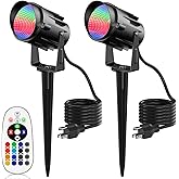 JIAQIYAN Outdoor Spotlights RGBW Led Lights, 12W Color Changing Landscape Lighting for Garden House Tree, 120V Waterproof Outdoor Spot Lights for Yard with Remote Control (2 Pack)