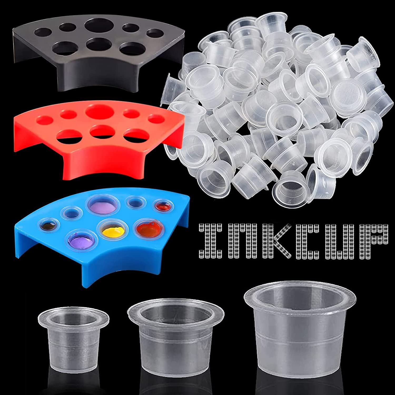 300pcs Tattoo Ink Caps with 3 Colours Tattoo Ink Cup Holders – Emalla 100 Small 100 Medium 100 Large Tattoo Ink Cups + 3 Cup Holders for Tattoo Ink