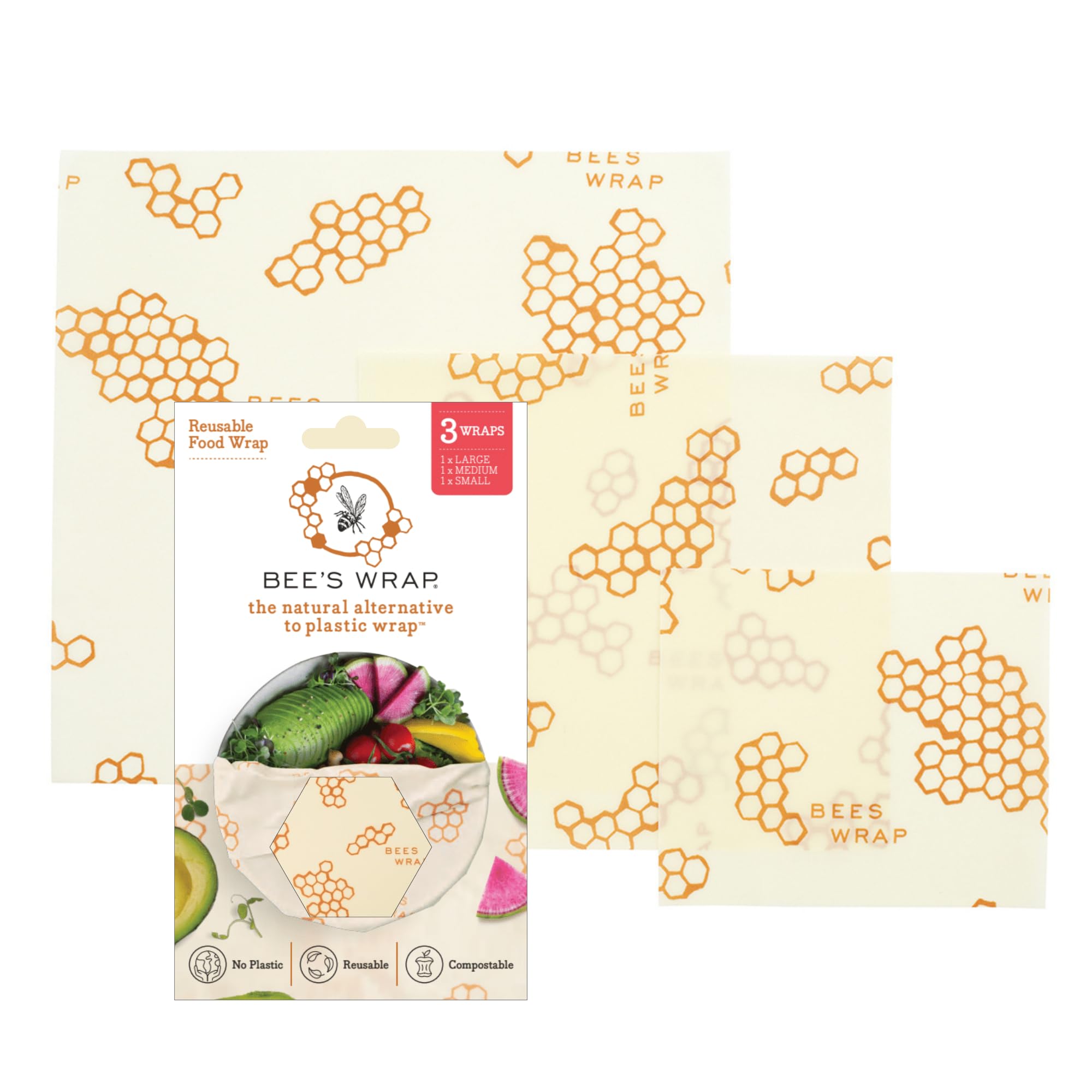 Bee’s Wrap Set of 3 Assorted Size Wraps, Beige