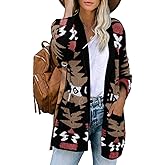 FERBIA Women Boho Cardigan Aztec Open Front Loose Slouchy Sweaters Tribal Long Sleeve Knitted Christmas Jacket Coat